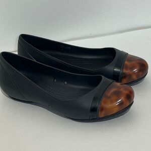 Crocs Women's Black Brown Tortoise Shell Cap Toe Ballet Flats Size 9